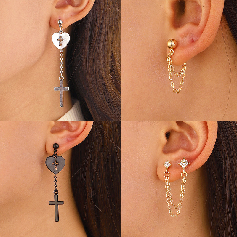 Cross-border new long tassel chain earrings, ins cold style design, alloy round ball cross pendant stud full figure