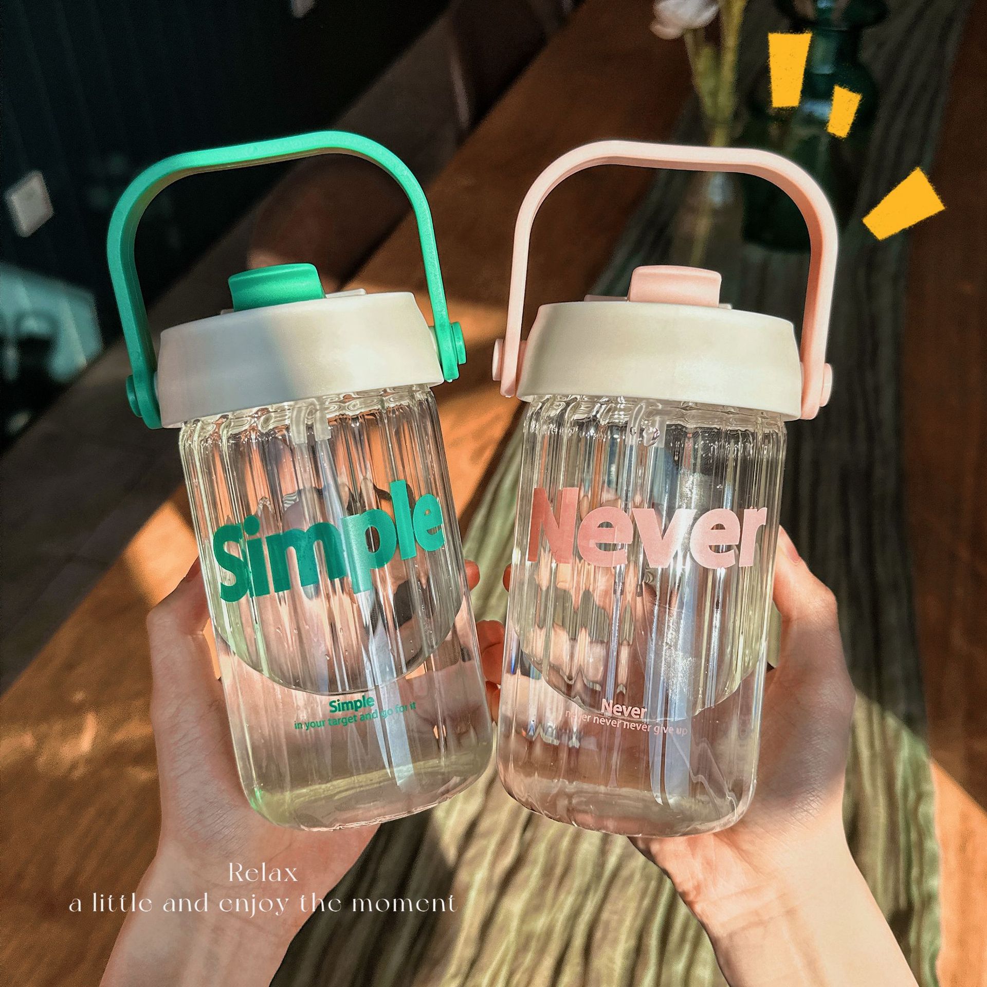 ins high appearance level glass cup with vertical patterns, simple summer water cup, double drinking, fashionable and portable, hand-held student straw cup Application Scenario