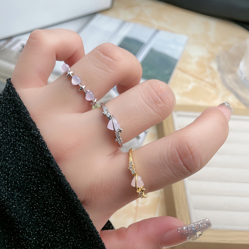 Heart-shaped cat's eye stone sweet and cool open ring for women's niche design index finger ring 2024 New bestseller Best Friend ring Specification drawing