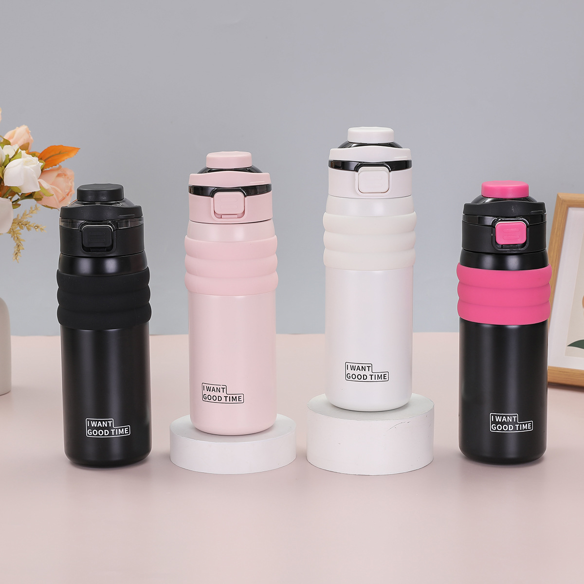 The simple and large-capacity double-drinking cup is made of 316 stainless steel and features a double-layer vacuum insulated cup with a drawstring and a jumping straw cup full figure