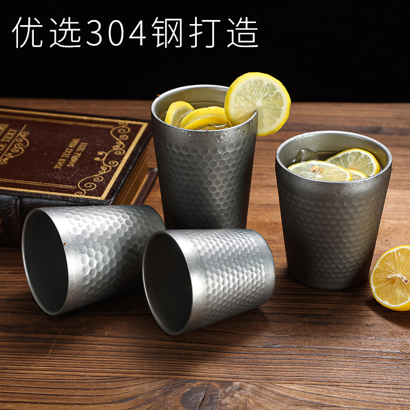 Retro stainless steel diamond-patterned cups, water cups, tea cups, juice cups, beer mugs, aged snowflake grey, portable for outdoor use details Picture