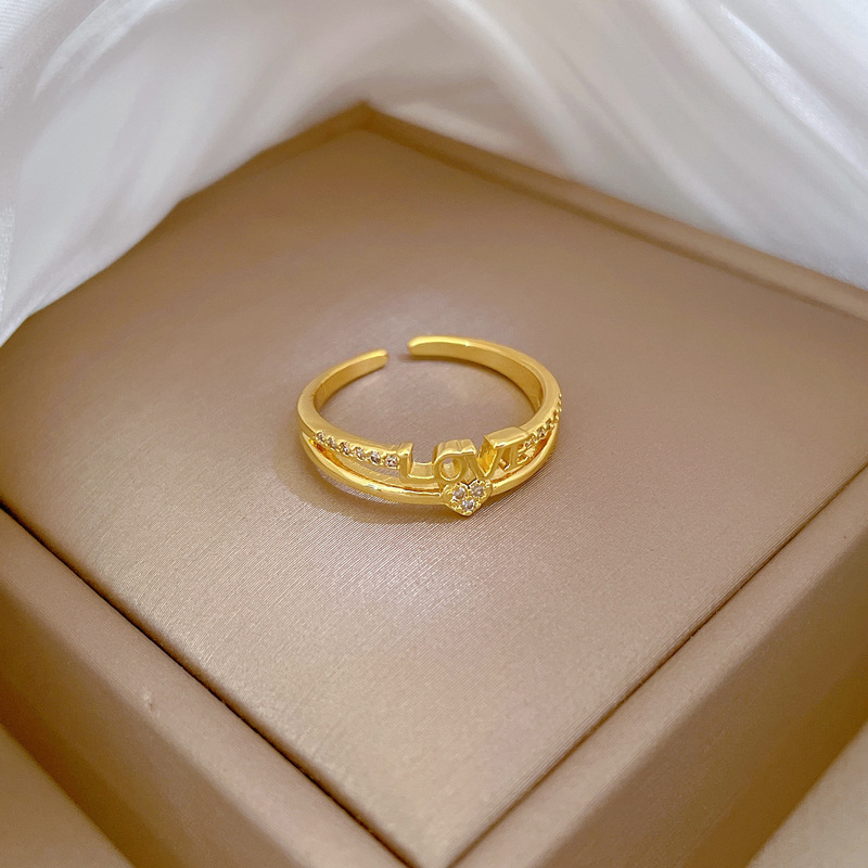 【 Real Gold 】 LOVE Zircon ring with Adjustable opening, simple Japanese-style bracelet, couple rings Specification drawing