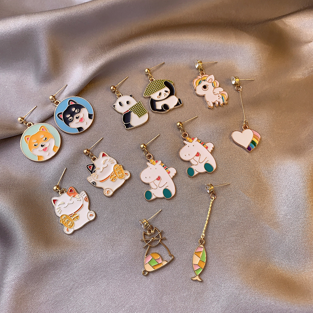 New asymmetrical stud earrings, cute panda, dog and cat earrings, and colorful oil-dripping personalized little animal earrings full figure
