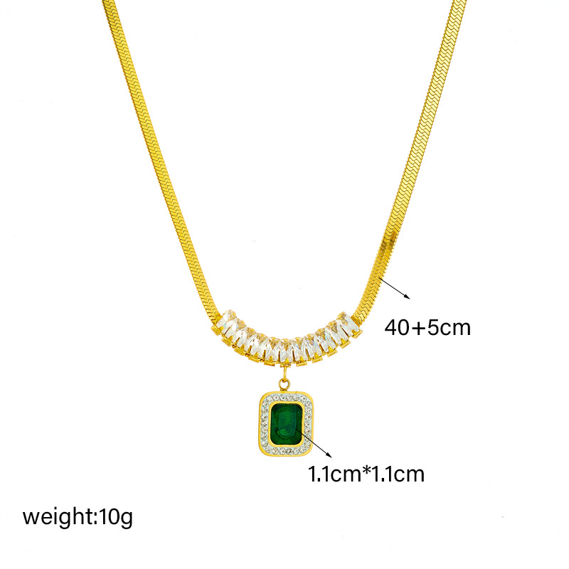 European and American fashion retro high-end cold style diamond-encrusted snake bone chain square green diamond pendant titanium steel jewelry necklace Application Scenario
