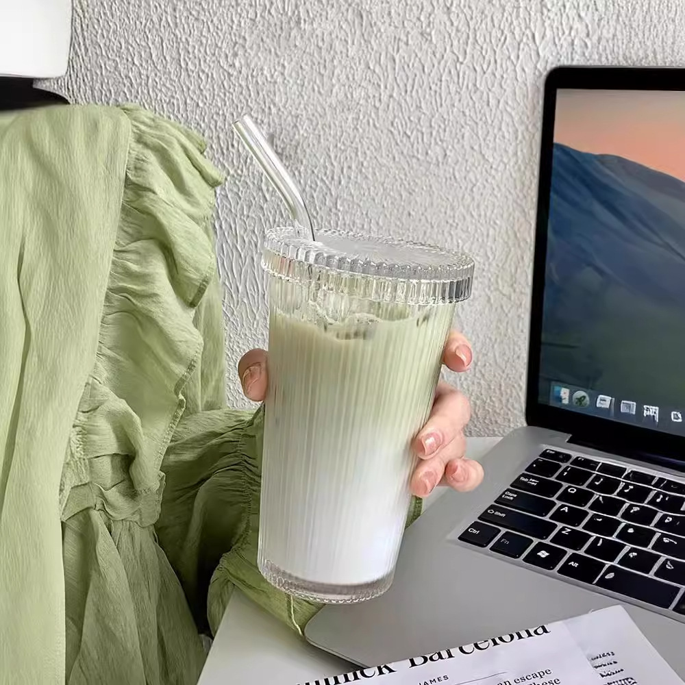 Cross-border InS-style simple vertical striped glass with lid straw cup, high appearance level, cold cup for juice, milk, coffee and beverages details Picture