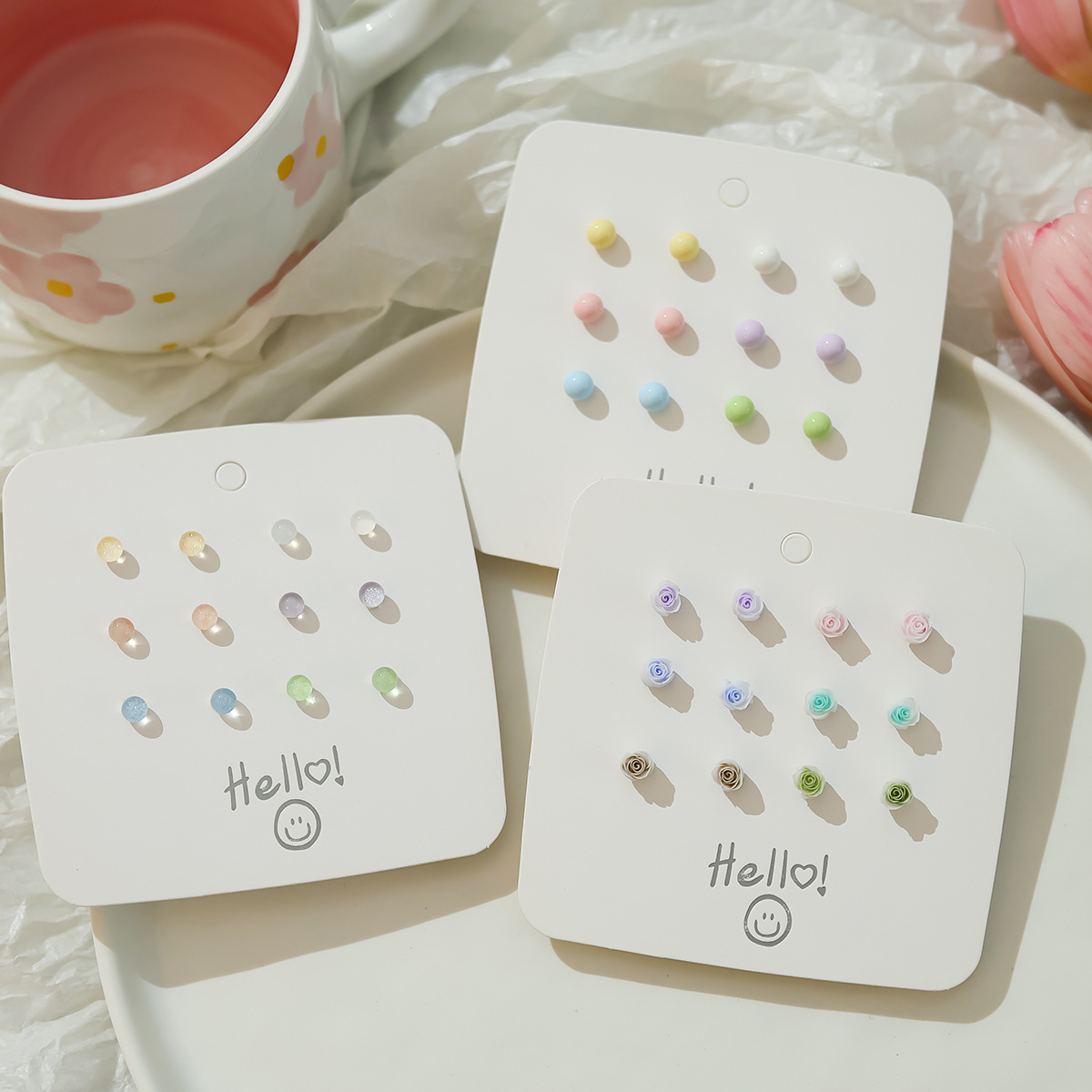 Wholesale of new macaron color series simple and versatile small stud earrings, daily rose resin earrings and round earrings full figure