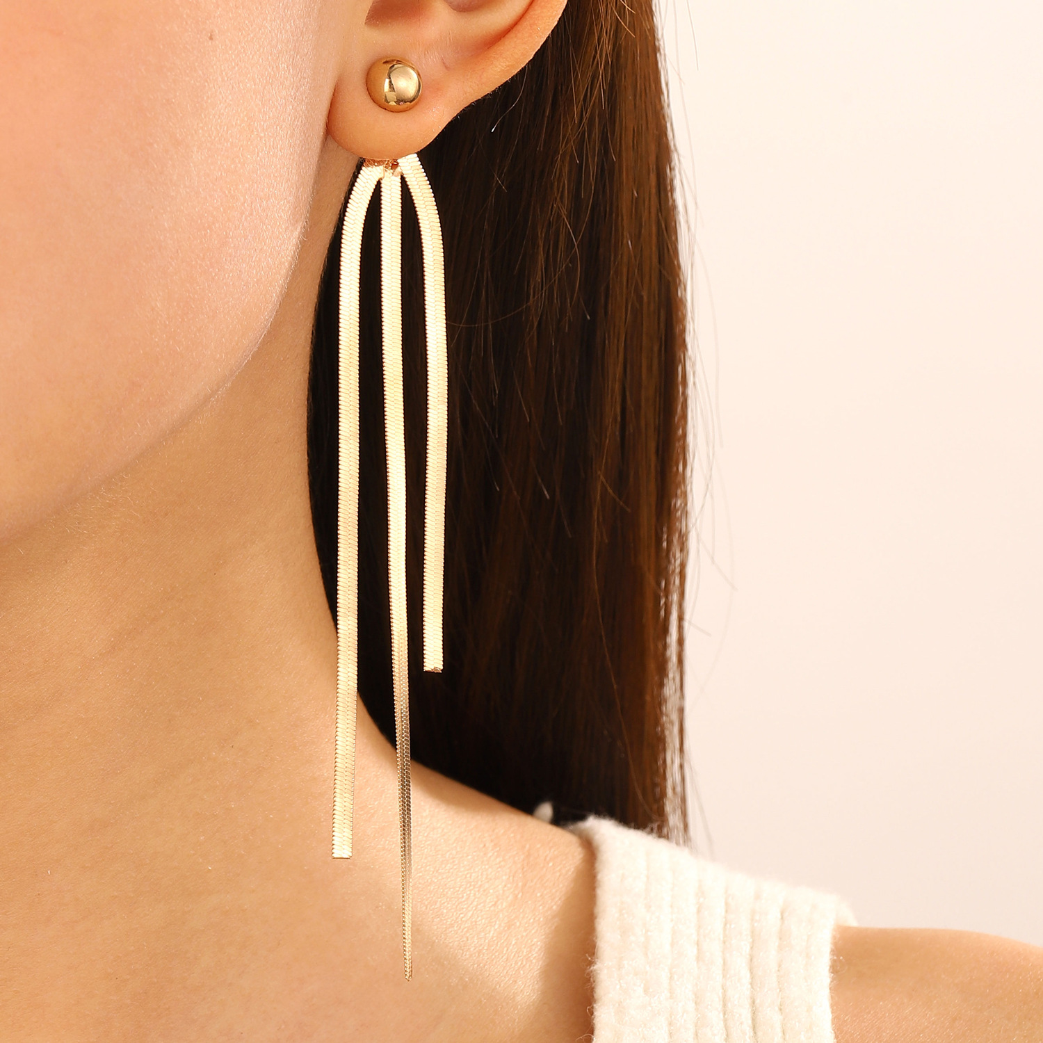 The popular tassel earrings in Europe and America, featuring a simple and ins-style design for women, long snake-bone chain earrings, and a wholesale trend of trendy earrings details Picture