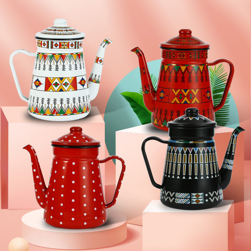 Hand-brewed coffee pot, Moka enamel coffee pot, 1.1L narrow-mouthed water bottle, hand-enamel coffee pot, oil pot, crane mouth full figure