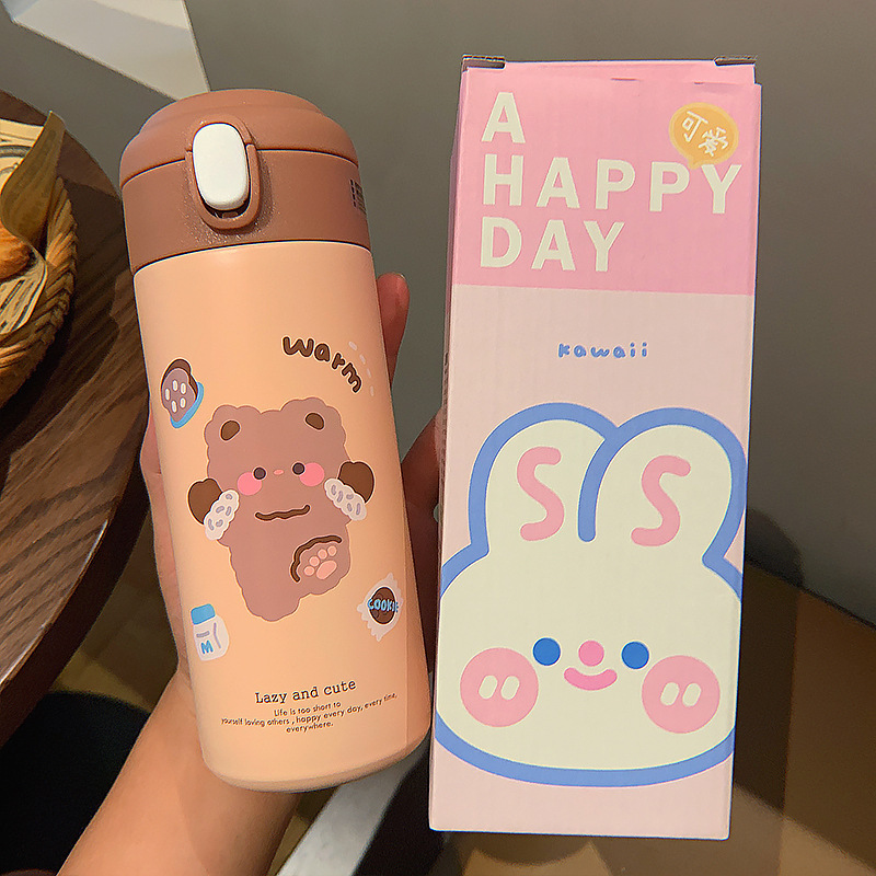 Cartoon insulated cup with straw, cute student winter water cup, portable leak-proof lock, high appearance level stainless steel cup Specification drawing