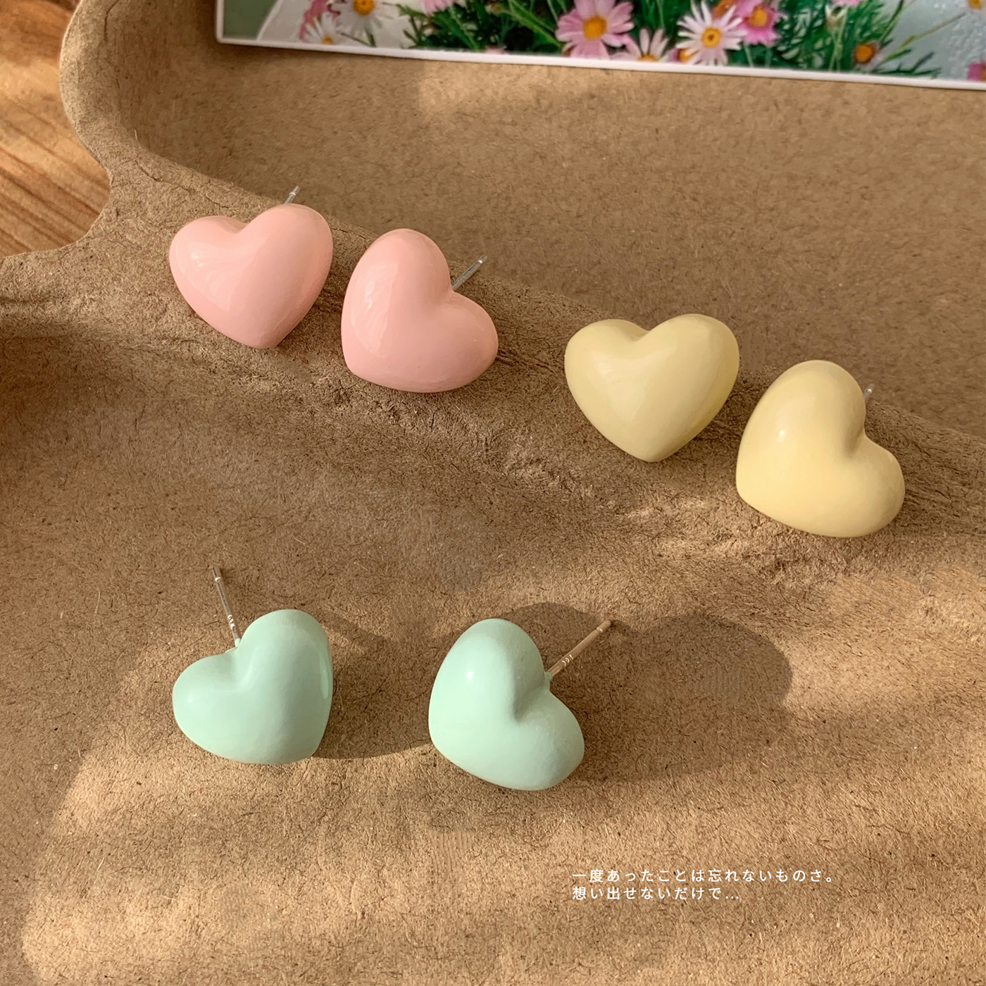 Spring new style of fresh and light Morandi color oil-drop heart-shaped stud earrings for women with silver needles, simple and sweet, small earrings for girls Specification drawing