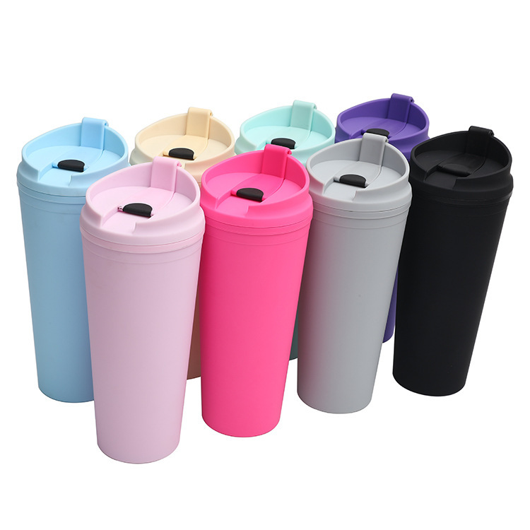 The manufacturer's new cross-border double-layer plastic straw cup, portable flip lid, large-capacity outdoor frosted portable cup details Picture