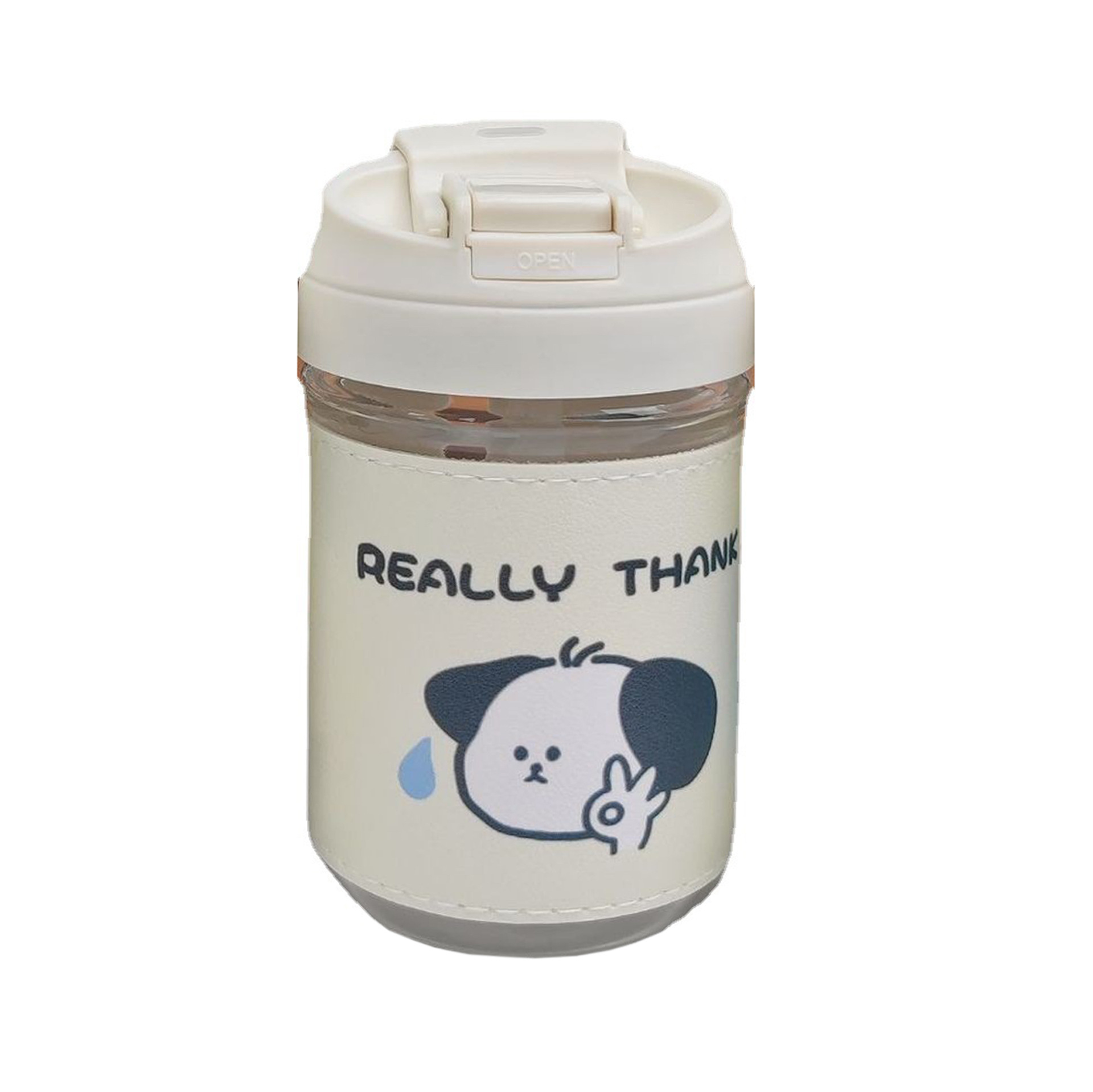Wholesale of cute puppy glass cups with leather cases, heat-insulating student straw cups, and portable double drinking cups for girls with high appearance standards Item Picture