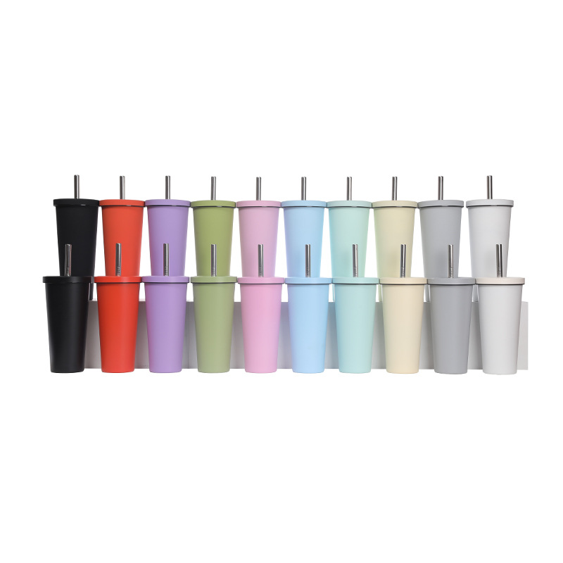 Cross-border factory direct supply double-layer insulated cups, simple household bubble milk tea cups with LIDS, straw cups, gift water cups details Picture