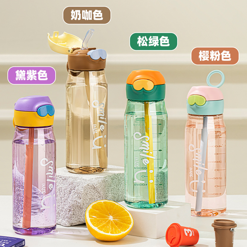 New large-capacity plastic graduated water cup, outdoor portable sports water cup, student flip lid straw cup, gift cup Specification drawing