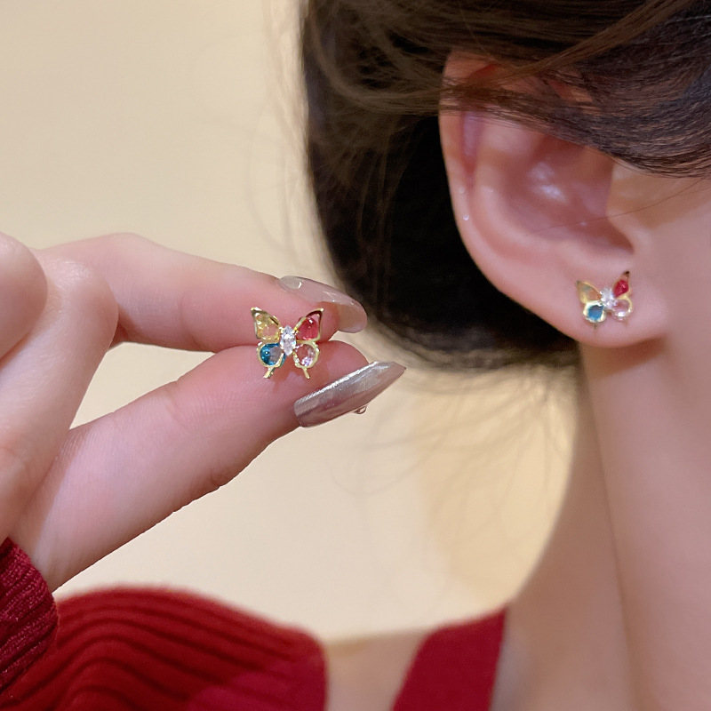 S925 Silver Needle, a new Korean colorful butterfly zircon earring, exudes a high-end feminine charm. It is exquisite, compact and versatile details Picture