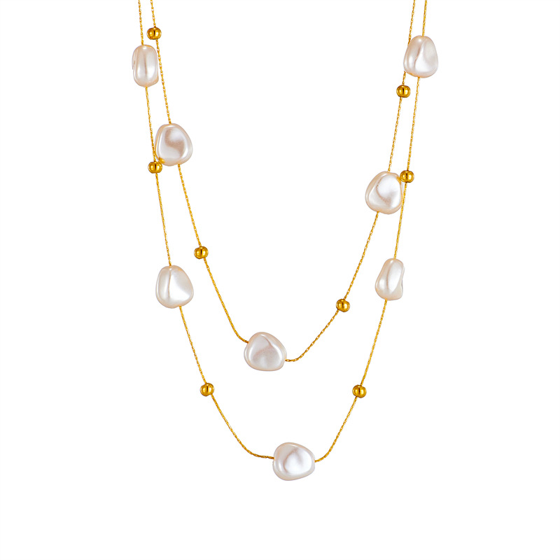 European and American cross-border fashion, versatile, personalized, retro Baroque pearl double titanium steel collarbone necklace Item Picture