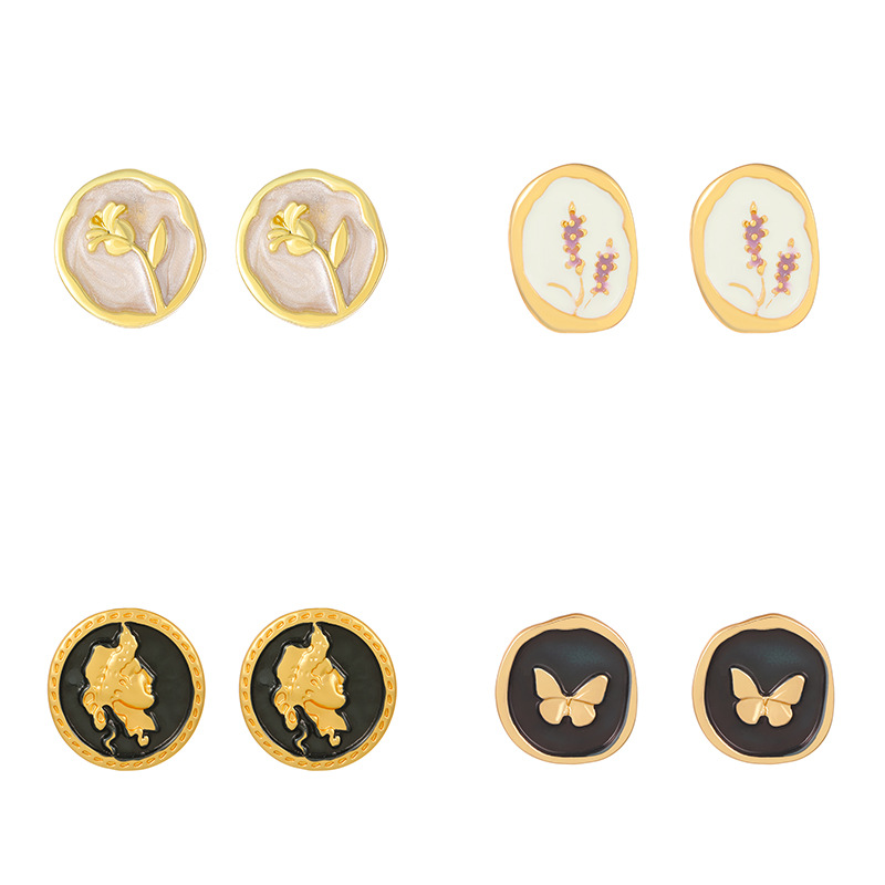 European and American ins enamel oil drip butterfly stud earrings for women, French light luxury design, flower and wheat ear earrings, internet-famous earrings Item Picture