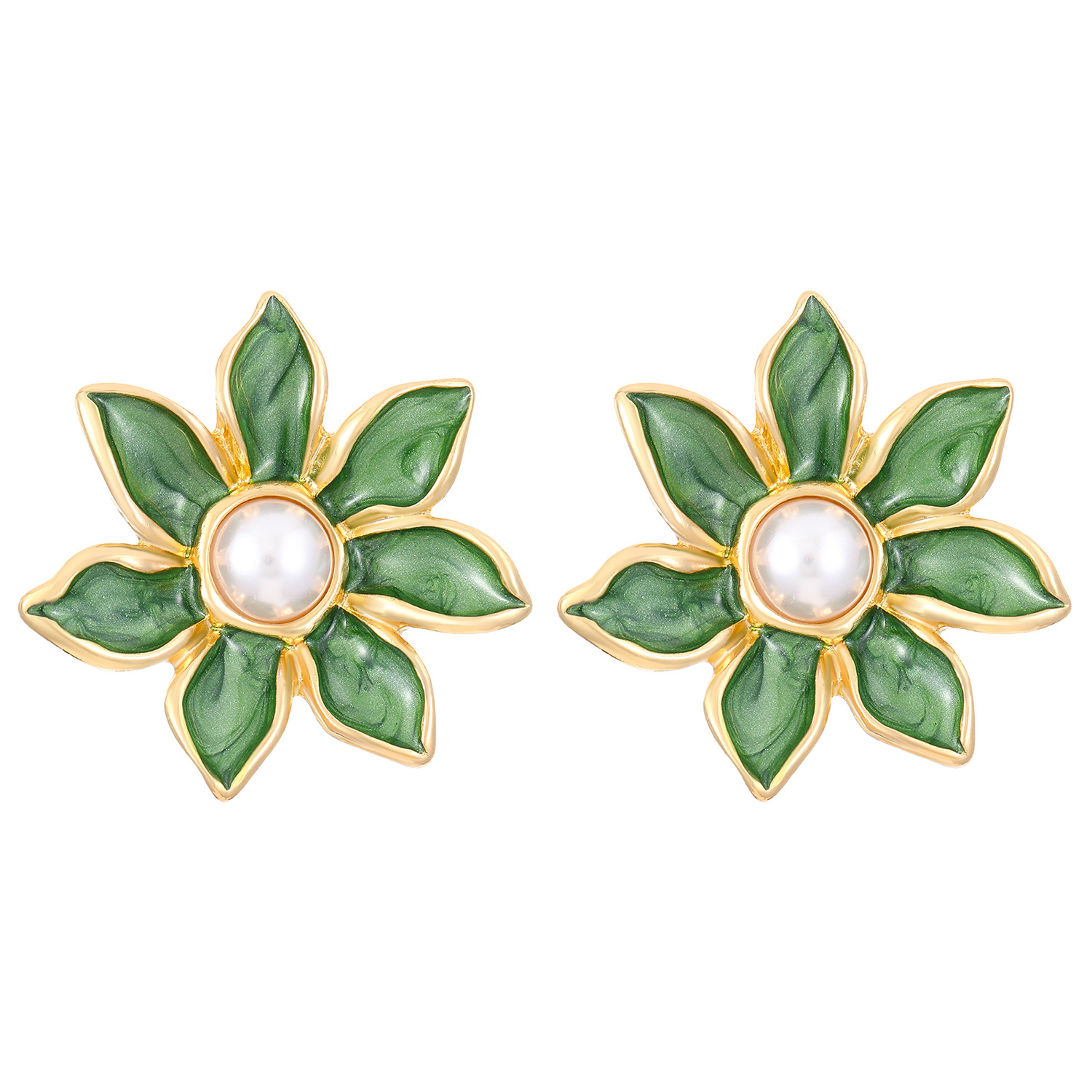 vintage colored oil-dripping flower earrings, a fresh and delicate forest-themed style with pearl petal stud earrings Item Picture