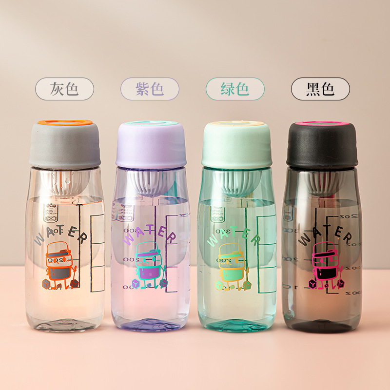 Simple student and children's plastic cups with tea separators and scales, sports water cups, outdoor portable silicone drawstring flower tea cups Specification drawing