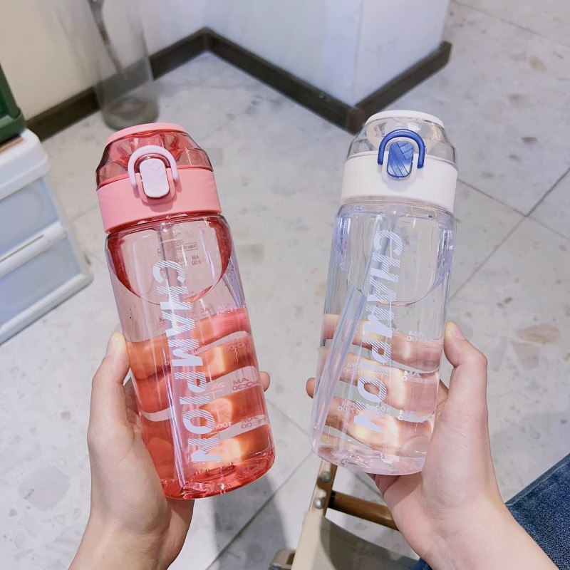 Straw cup sports and fitness water cup, plastic, high appearance level, high-temperature resistant, scale design, fresh and portable for both boys and girls details Picture