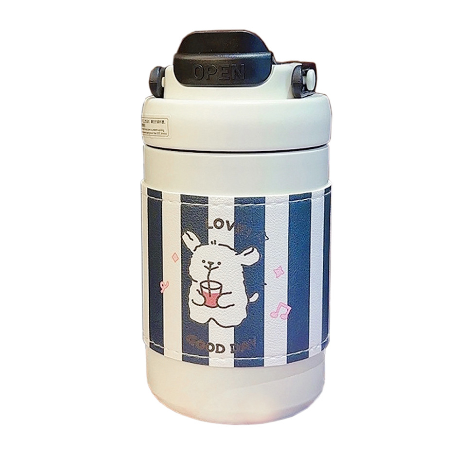 Cute puppy double-drinking insulated cup, portable, high appearance level, straw cup with leather cover, stainless steel tea brewing hand-held water cup Item Picture