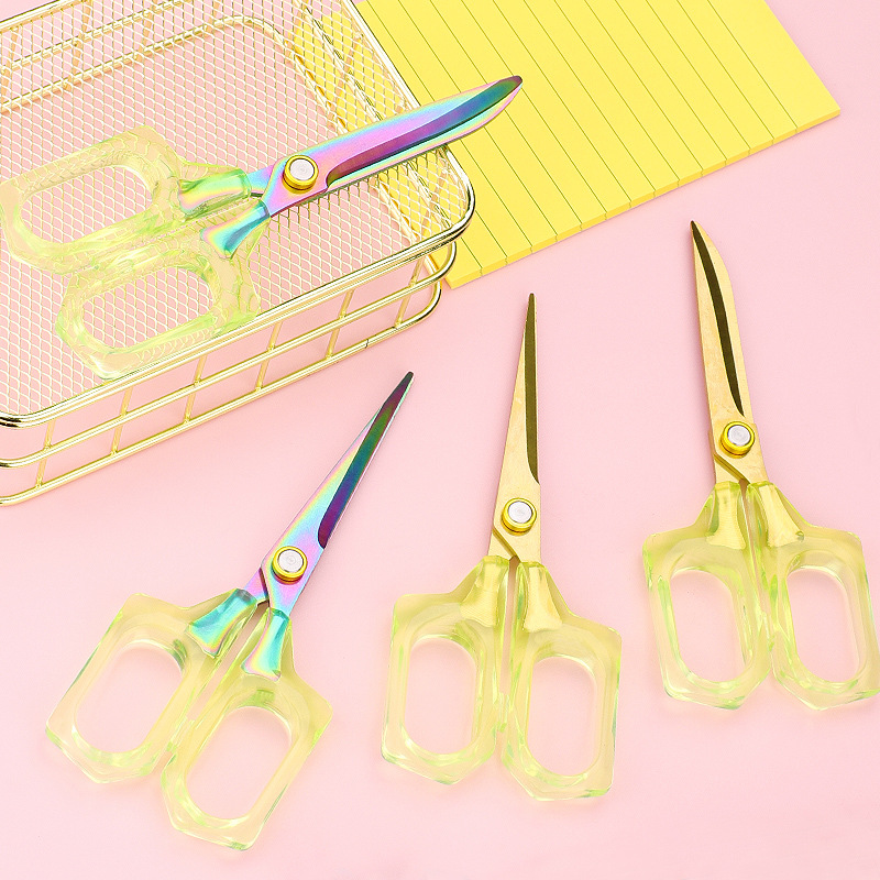 Modi Blue semi-transparent office scissors, student handcrafted paper-cutting scissors, electroplated anti-rust scissors, non-stick adhesive tape Specification drawing