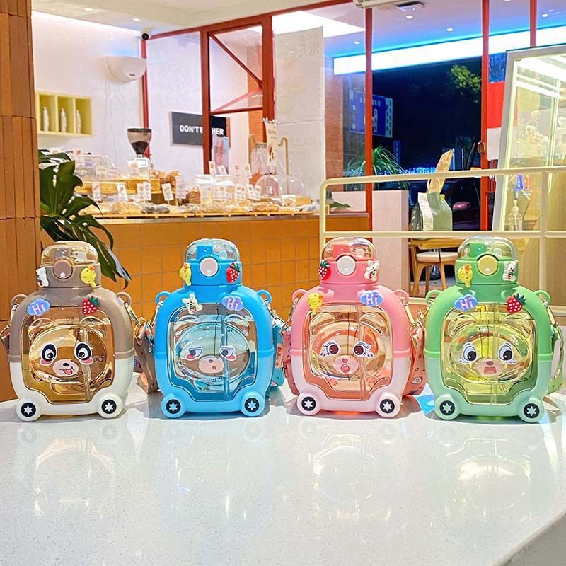New summer children's water cup with large capacity, cartoon plastic strap, high appearance level, portable magic water bottle bear full figure
