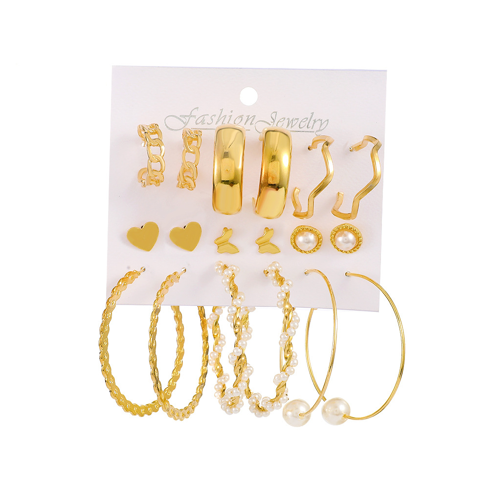 New cross-border exaggerated imitation pearl earrings 9-piece set, European and American ins retro alloy geometric ear ring set earrings Item Picture