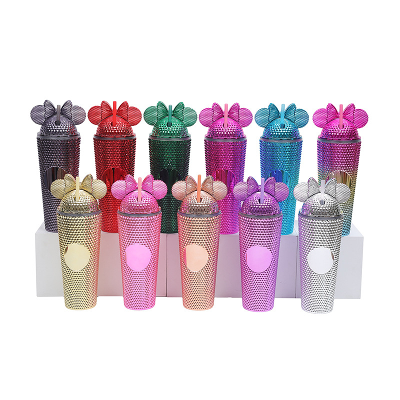 Cross-border factory direct supply double-layer plastic straw cup with bow water cup, portable and prickly creative durian cup details Picture