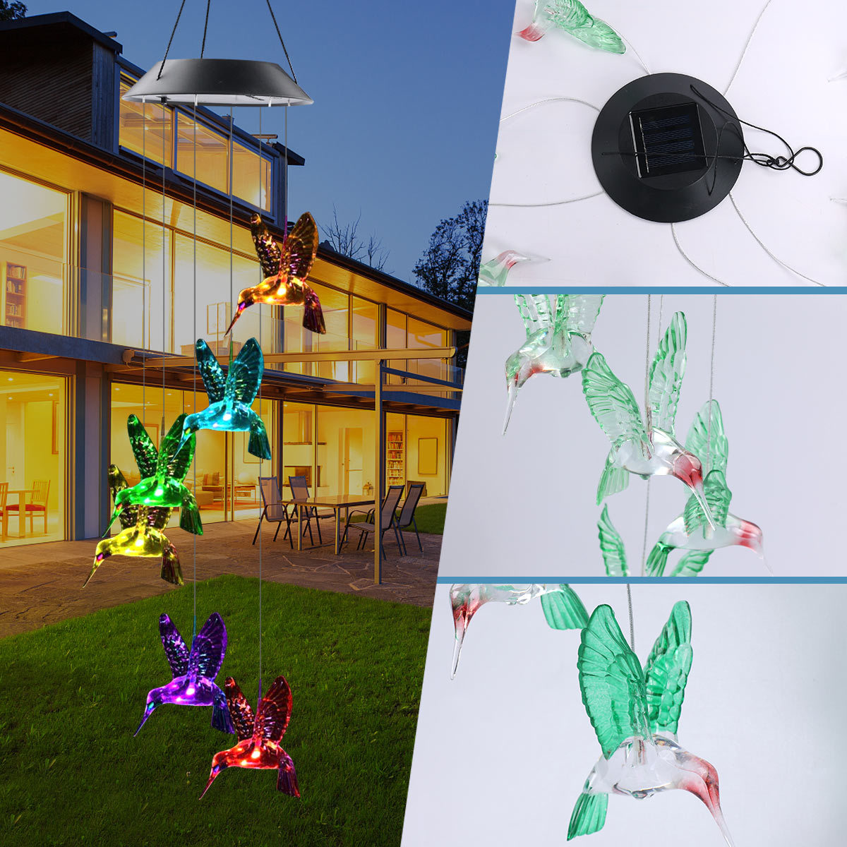 Amazon cross-border solar ball hummingbird style seven-color wind ling light LED Christmas butterfly light Landscape light courtyard details Picture