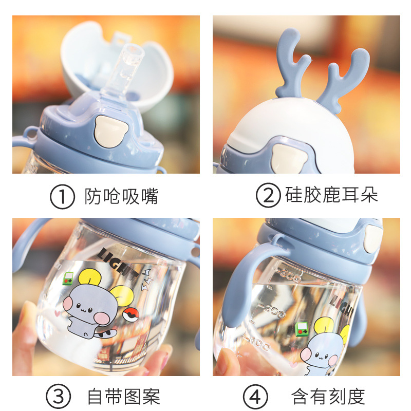 Silver Thousand Little Deer Children's water Bottle, kindergarten shoulder strap, Double handle, dual-purpose straw cup, creative cartoon, unbreakable details Picture