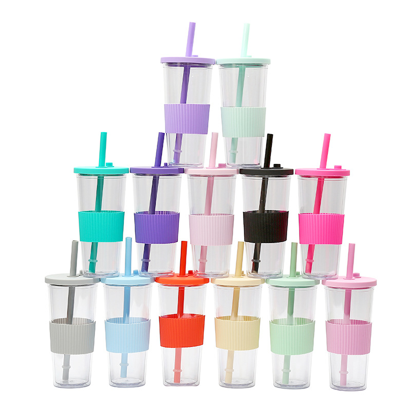 New cross-border Amazon portable double-layer plastic cup, large-hole universal bubble milk tea lid straw cup from the manufacturer full figure