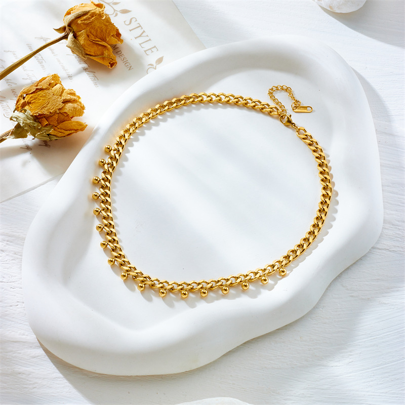 Fashionable, niche and simple design metal titanium steel thick chain gold bead pendant jewelry collarbone chain necklace Specification drawing