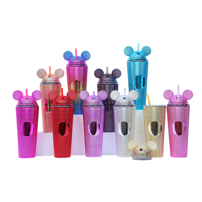 New cross-border factory direct supply large-capacity water cup, creative and prickly durian cup, fashionable cat-ear plastic straw cup Item Picture