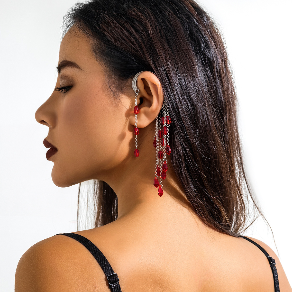 European and American Gothic Halloween Red Blood Drop tassel earring Dark ear Bone clip Halloween Simulation blood ear stud details Picture