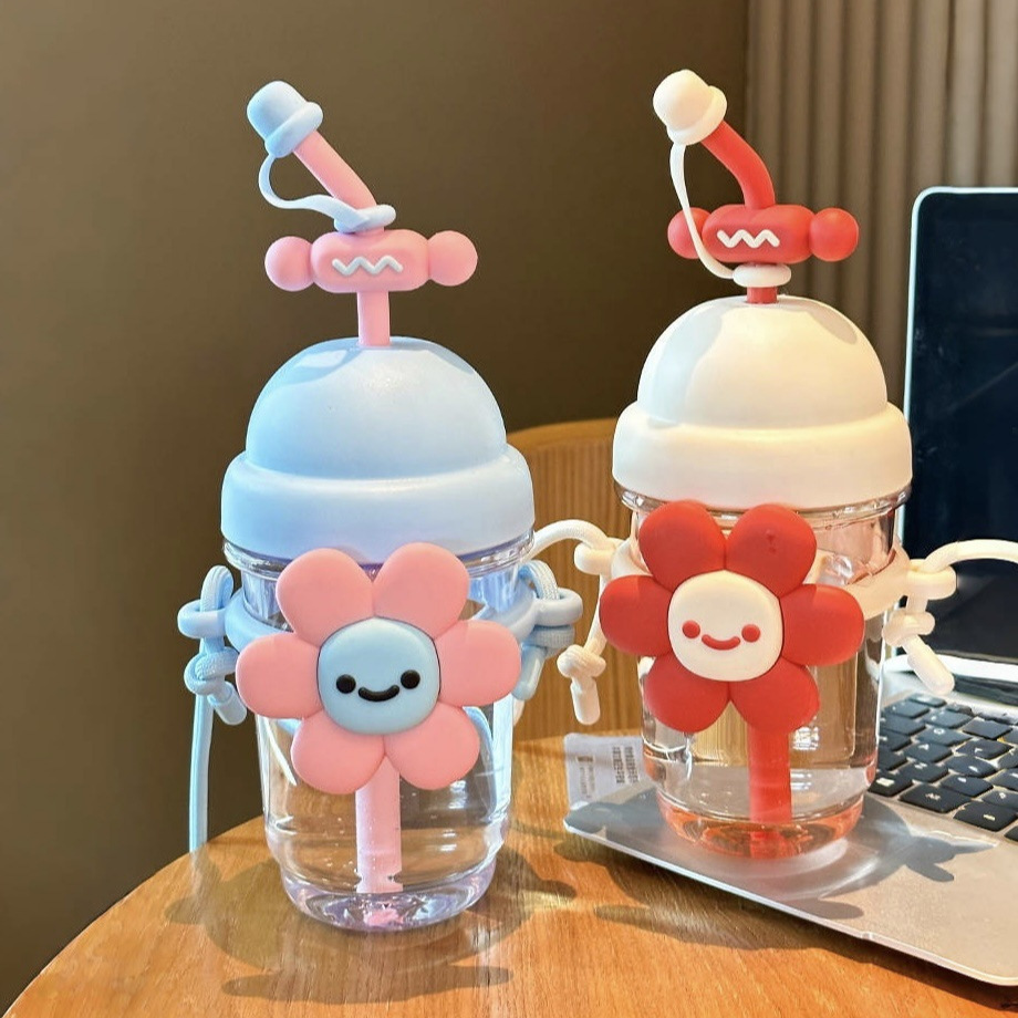 Sunflower Plastic Straw Cup, new desktop office plastic water cup, large-capacity slanted cross, cute girls' cup full figure