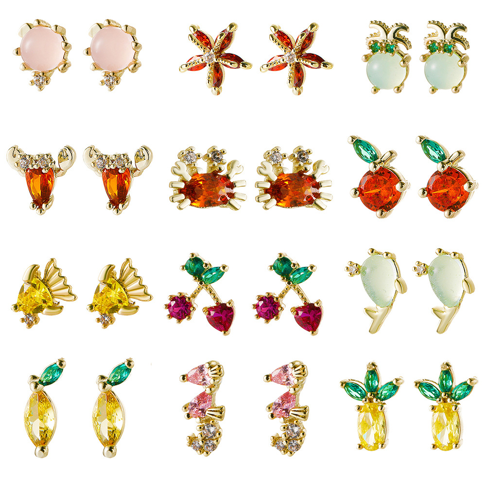 Cute and colorful zirconia copper-plated animal earrings of the same style as those in European and American ins, summer creative jewelry for women full figure