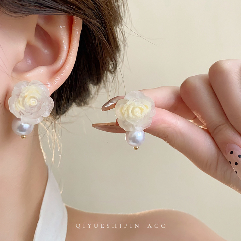 Rose flower pearl earrings suitable for spring, 2024 new bestseller forest-themed sweet stud earrings, summer earrings for women Specification drawing