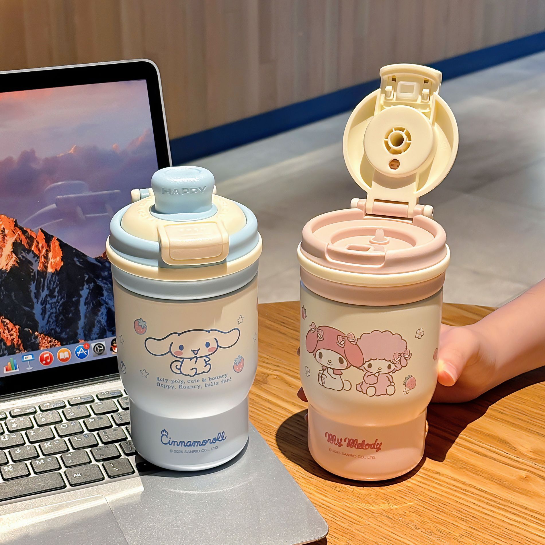 The Sanrio Family series green wheat insulated cup comes with a handle for easy carrying. It features a silk-printed design and is a double drinking cup details Picture