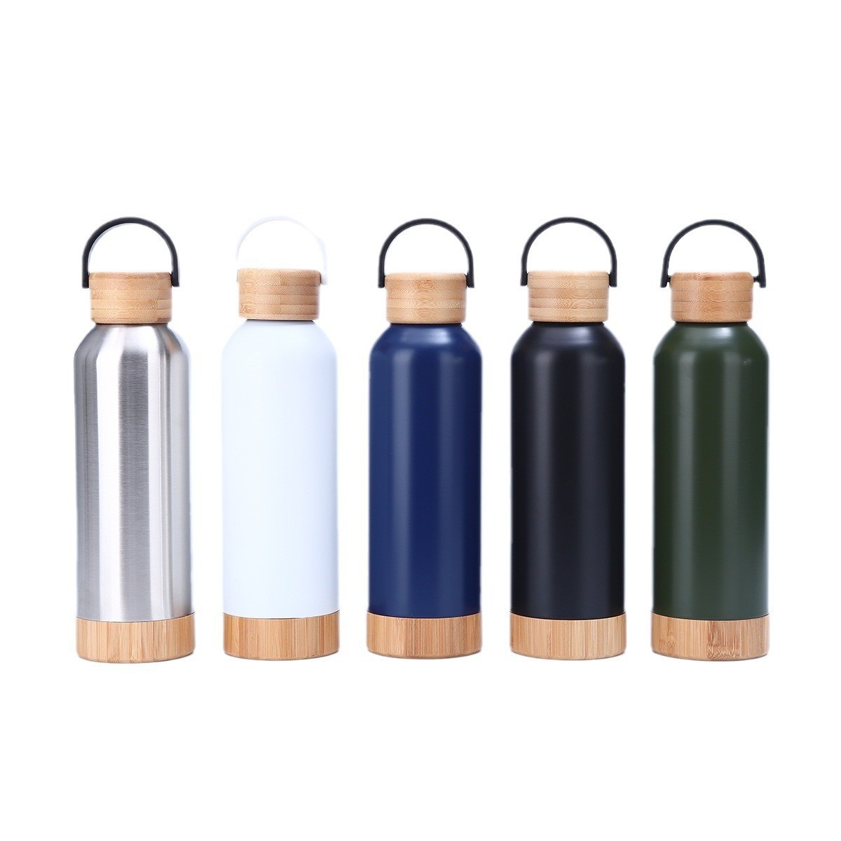 New bamboo-cap sports bottle, bamboo-bottom sports water bottle, bamboo-cap small-mouth sports bottle, stainless steel vacuum insulated cup Item Picture