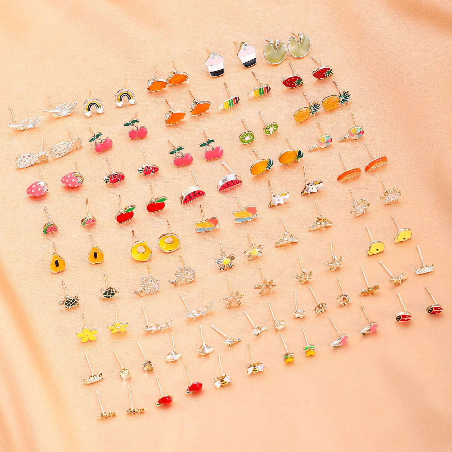 Japanese and Korean fresh fruit stud earrings set, sweet oil-dripping strawberry and cherry earrings 6-piece set, geometric fun earrings for women Application Scenario