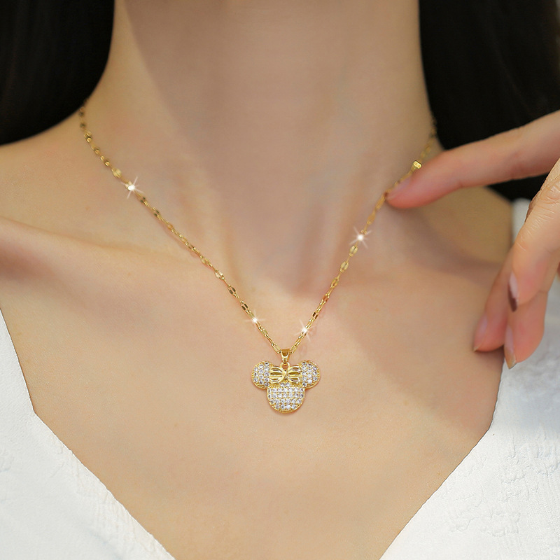 【 Titanium Steel 】 Light luxury style, luxurious, full of diamonds, cute mouse necklace, versatile collarbone chain for female Internet celebrities, titanium steel chain details Picture