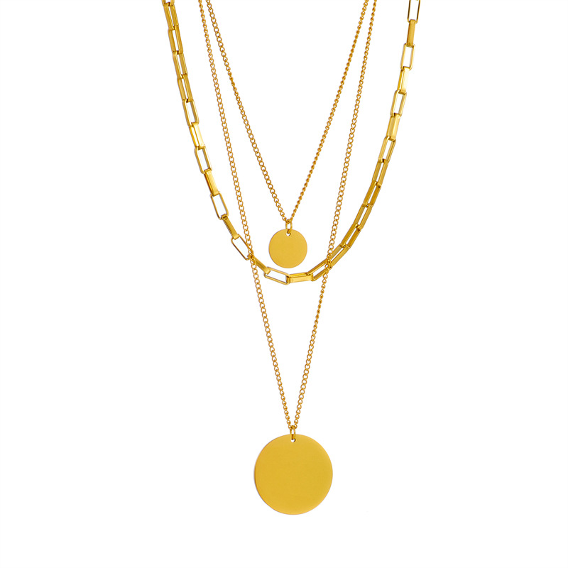 A cross-border, retro and cold style metal multi-layer stacked chain stainless steel round pendant necklace from Europe and America Item Picture