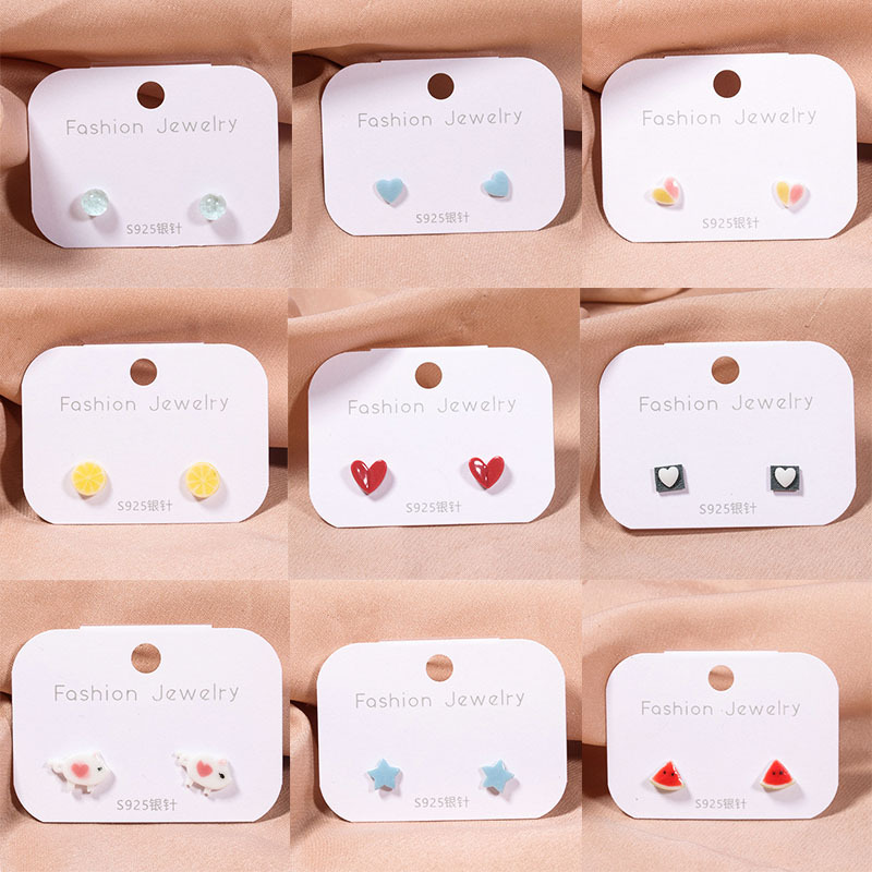 Best-selling silver needle, Jingdezhen ceramic, small female ear studs, student fruit, fresh, versatile and cute earrings wholesale Specification drawing