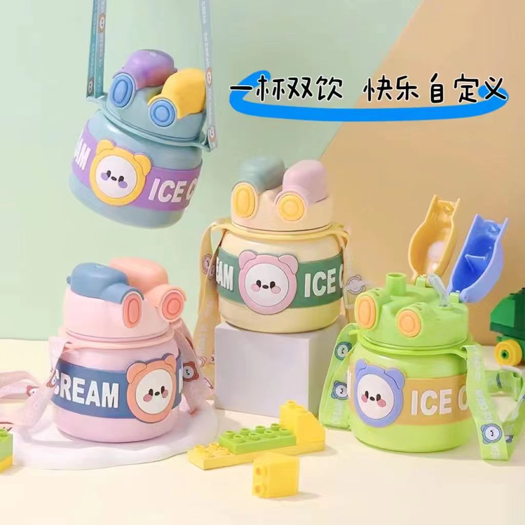 316 stainless steel double-drinking bear children's straw cup, high appearance level student double-drinking large belly insulated cup, 2023 new style details Picture