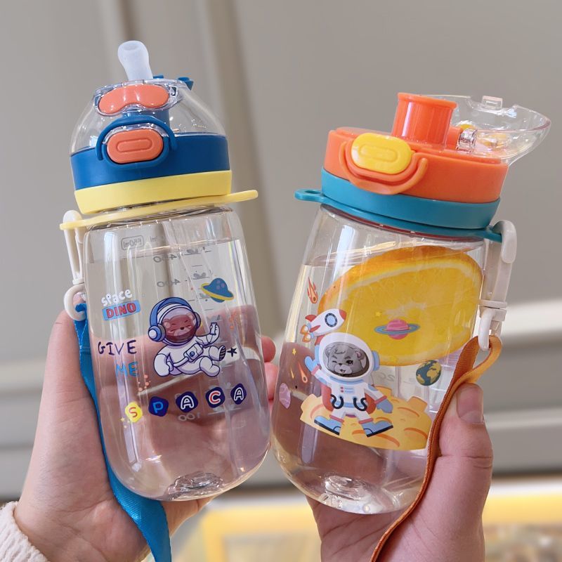Children's water cup, special straw cup for girls and boys to go to school, cute cartoon portable double drinking water pot for primary school students, plastic details Picture