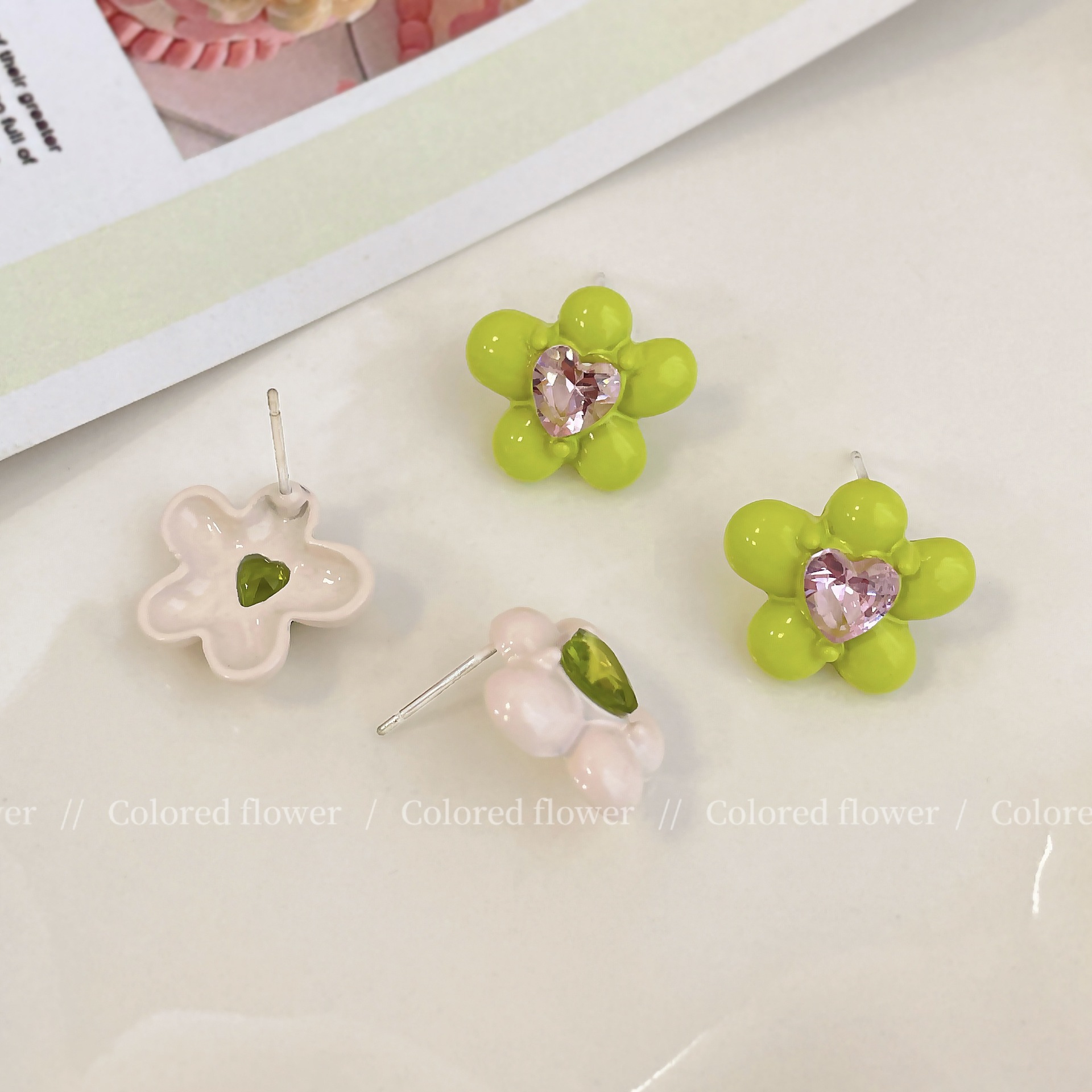New enamel design style zircon micro-inlaid flower stud earrings and earrings in Korean style, a rare and cute Instagram style for women Specification drawing