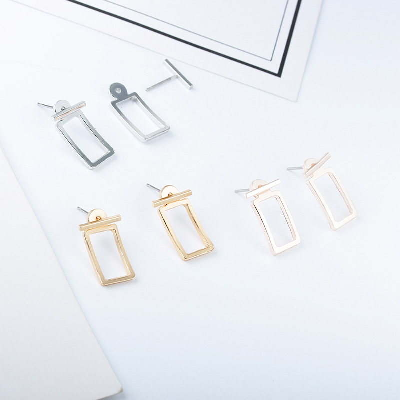 Wholesale of geometric rectangular hollowed-out curved surface ear stud earrings set earrings for European and American foreign trade Specification drawing