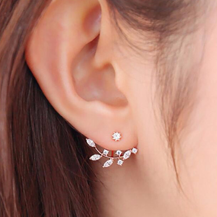 Wholesale of popular Korean fashion girls' accessories: diamond-encrusted crystal leaf earrings, branch hanging zircon stud earrings full figure