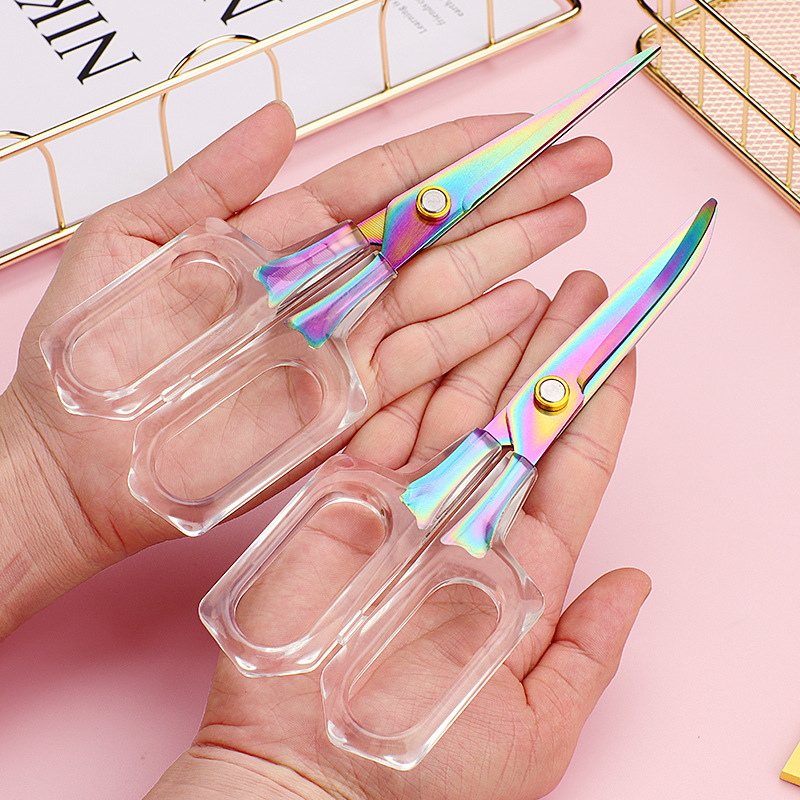 Ins-style semi-transparent office scissors, stainless steel student hand scissors, electroplated color titanium household scissors, non-adhesive scissors Specification drawing